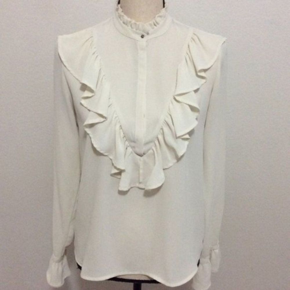 Zara‎ Basic Collection Ivory Long-sleeve Ruffle Blouse